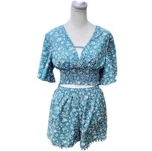 Shein Floral Teal Boho Top & Shorts 2 Piece Set